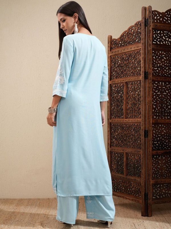 Vishudh Blue Floral Embroidered Round Neck Thread Work Kurta With Palazzos Hot on Sale