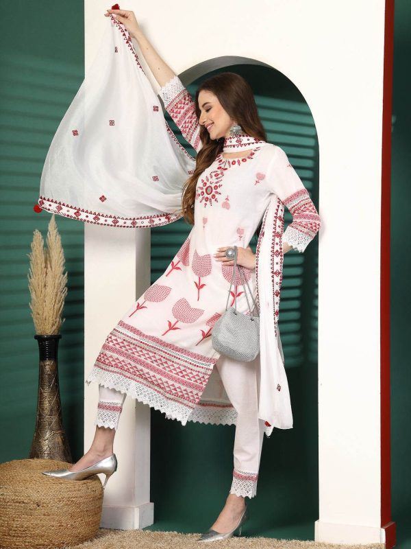 Sangria White Ethnic Motifs Embroidered Notch Neck Cotton Kurta With Trouser & Dupatta For Cheap