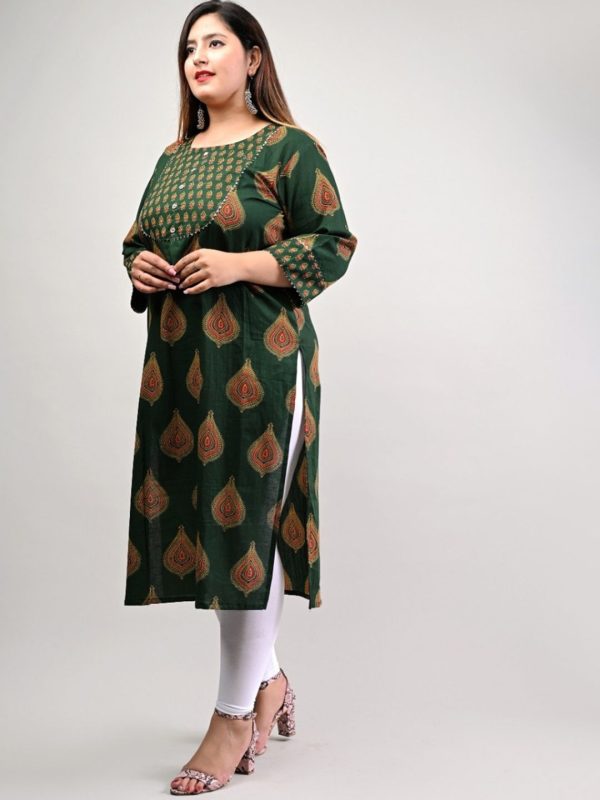 Swasti Women Plus Size Green Geometric Printed Floral Cotton Kurta Online