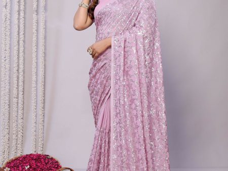 Pink Pure Georgette Embroidered Saree With Stitched Blouse - Nimaya Kaksha For Cheap