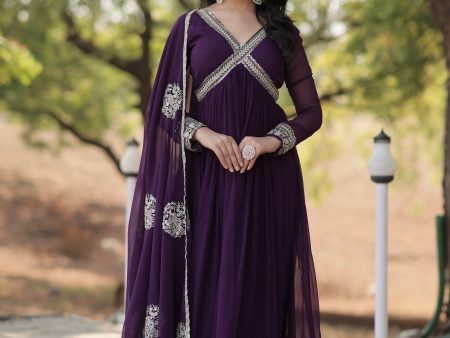 Sonakshi Women s Purple Faux Blooming Sequins Zari Embroidered Anarkali Dress with Dupatta Sale