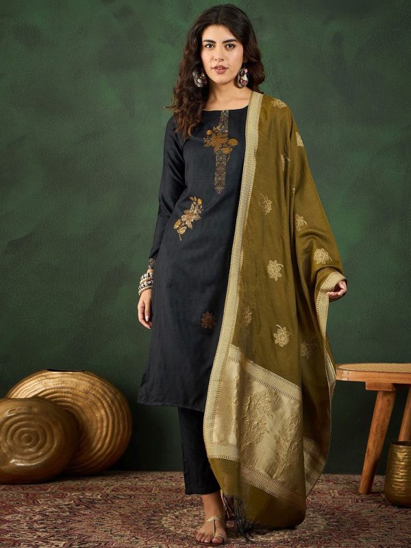 Sangria Self Designed Straight Kurta & Trousers With Dupatta on Sale