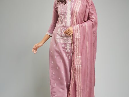 Sonakshi Women s Light Purple Viscose Chanderi Embroidered Kurta Set with Dupatta For Cheap