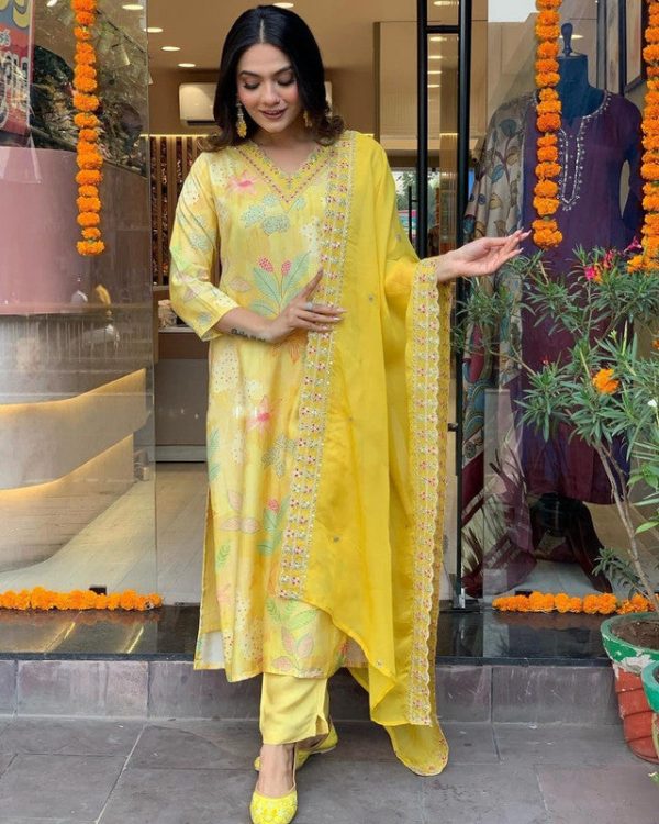 Malishka Women s Embroidered Viscose Muslin Kurti With Pant & Dupatta Set - Yellow Online now