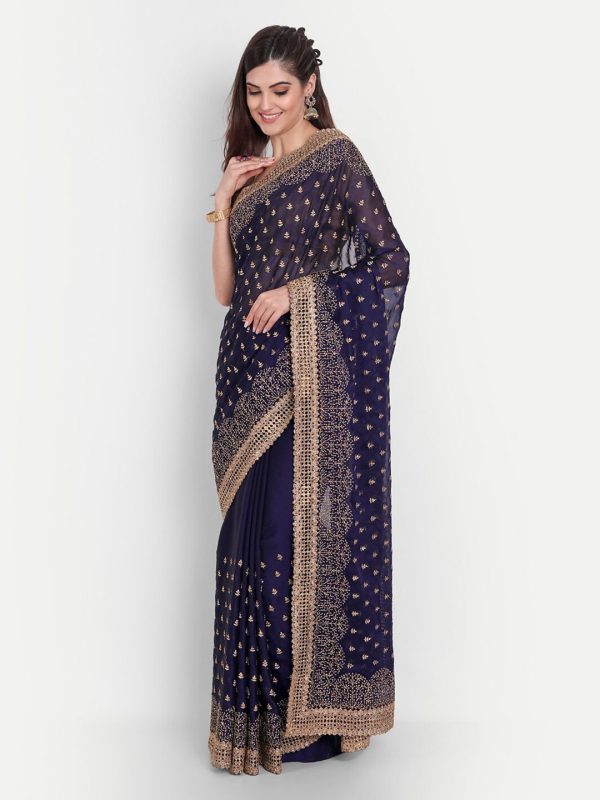 kasee Women Blue & Gold-Toned Floral Embroidered Art Silk Saree on Sale