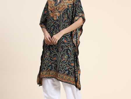 HOUSE OF KARI Ethnic Motifs Printed Chikankari Embroidery Cotton Kaftan Kurta For Discount