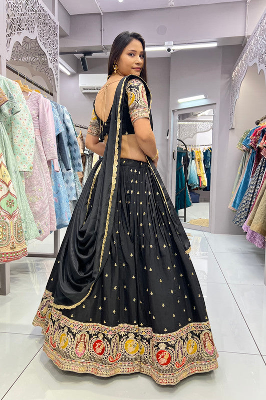 Malishka Export Black Roman Silk With Embroidery Zari Lehenga Choli Set - Black on Sale