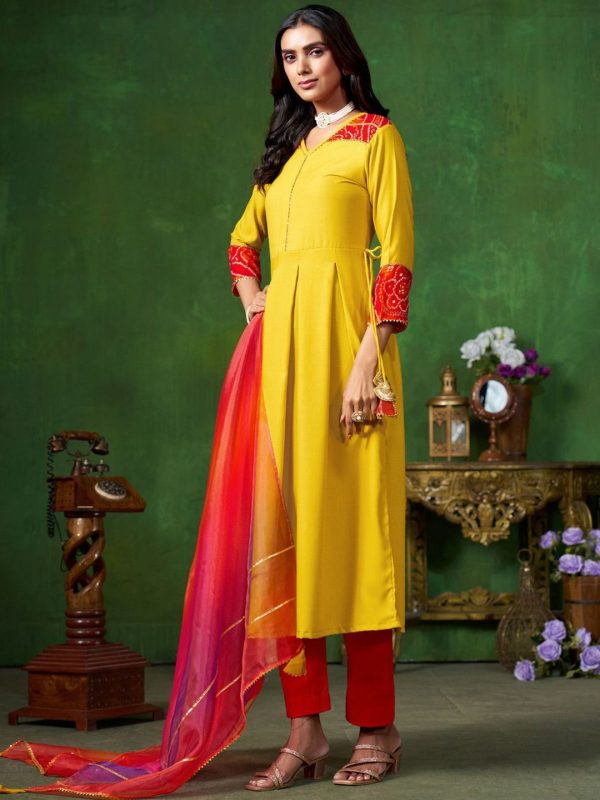 Sangria Yellow V-Neck Three-Quarter Sleeves Regular Gotta Patti Anarkali Kurta & Dupatta Supply