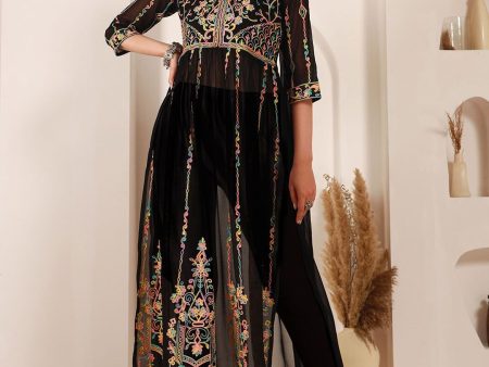 Sangria Black Ethnic Motifs Embroidered Round Neck Georgette Straight Kurta With Dupatta Online now