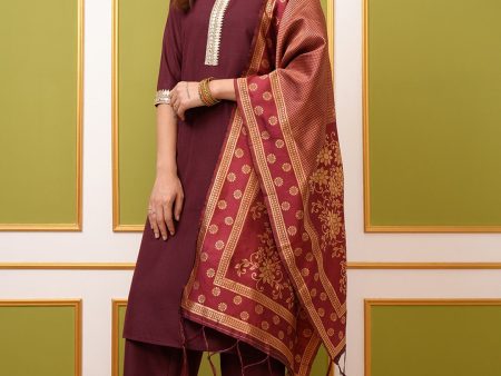 Vishudh Burgundy Yoke Design Thread Work Straight Kurta & Palazzos With Dupatta Supply