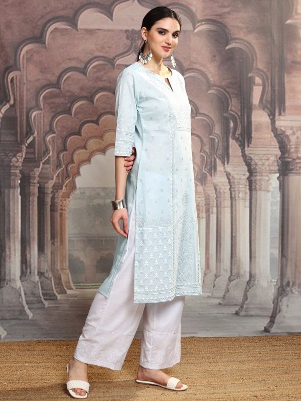 Vishudh Blue Ethnic Motifs Printed Notch Neck Straight Kurta Sale