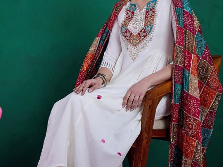 Sangria Floral Yoke Embroidered Straight Kurta & Trousers With Dupatta Fashion