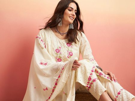 Sangria Pure Cotton Floral Embroidered Straight Kurta With Trousers & Dupatta Sale