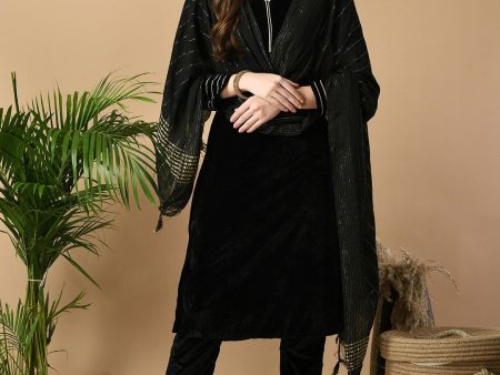 Sangria Black V-Neck Regular Velvet Kurta with Trousers & Dupatta Online