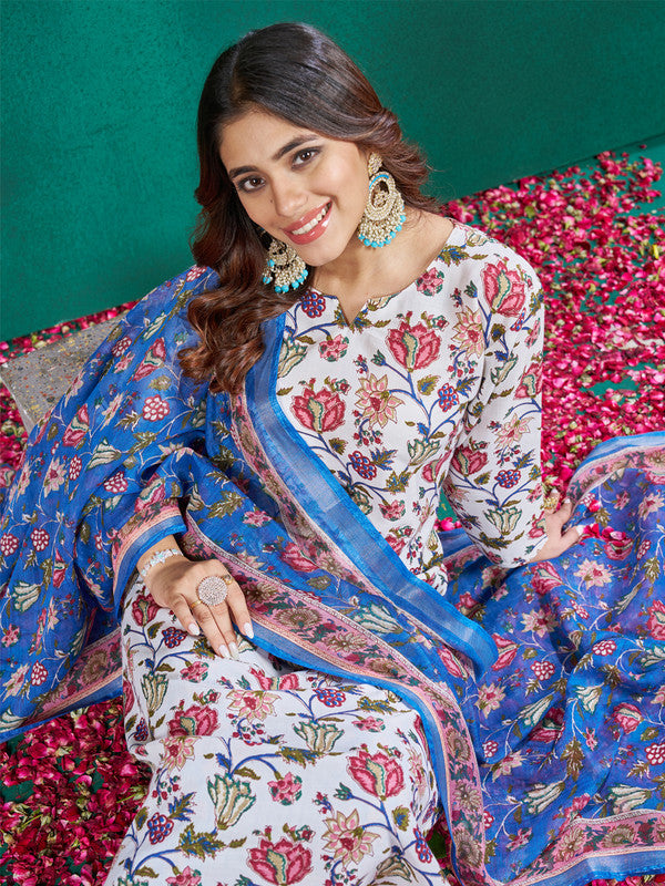 Malishka Women s White Cotton Blend Floral Printed Kurta Set With Dupatta - White Online Sale