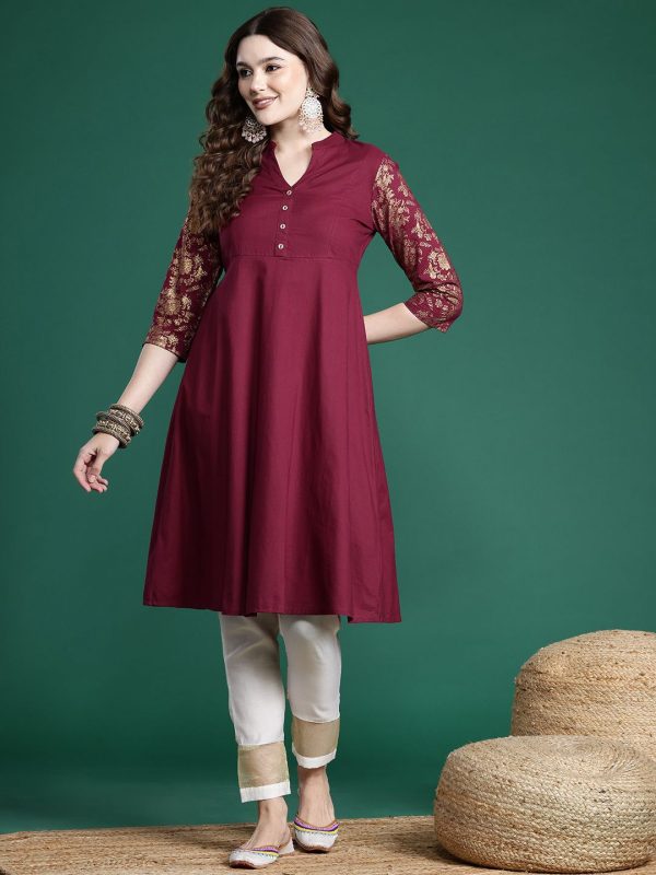 Sangria Printed Sleeves A-Line Pure Cotton Kurta Cheap