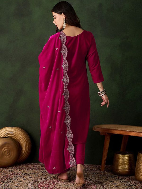 Sangria Floral Embroidered Straight Kurta & Trouser With Dupatta For Discount