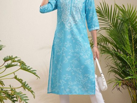 Vishudh Blue Paisley Printed Notch Neck Straight Kurta Online