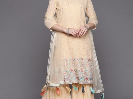 Women Beige Embroidered Straight Kurta Sharara With Dupatta Set - Taantav Cheap