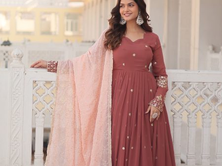 Sonakshi Women s Brown Faux Georgette Sequins Thread Embroidered Anarkali Dress with Dupatta Sale