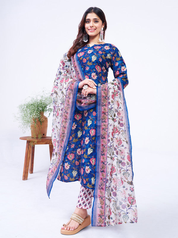 Malishka Women s Blue Cotton Blend Floral Printed Kurta Set With Dupatta - Blue Hot on Sale