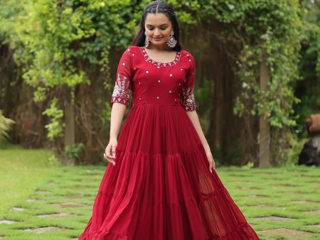 Sonakshi Women s Maroon Faux Blooming Sequins with Zari Embroidered Long Anarkali Dress Discount