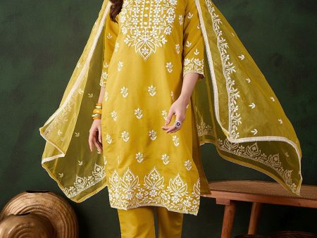 Sangria Mustard Yellow Floral Embroidered Thread Work Kurta & Trouser With Dupatta Online Sale