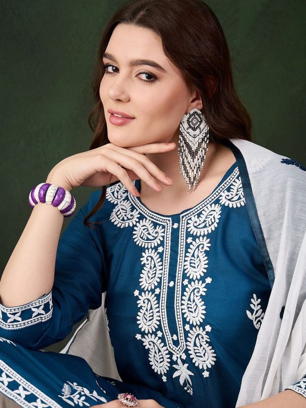 Sangria Teal Blue Paisley Embroidered Thread Work Straight Kurta & Trouser With Dupatta Sale