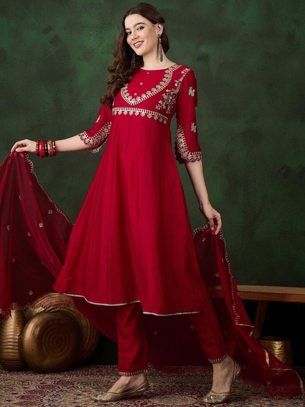 Sangria Round Neck Floral Zari Embroidered Straight Kurta with Trouser and Dupatta Online Hot Sale