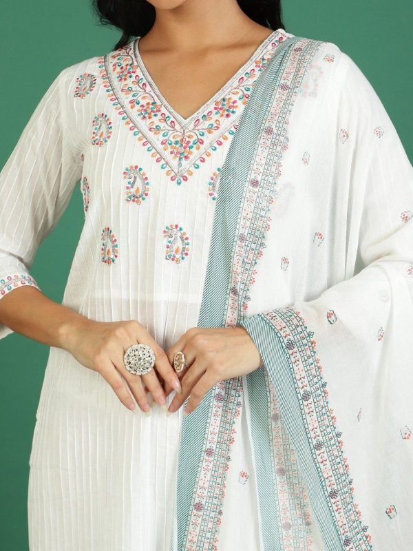 Sangria Printed Pure Cotton V- Neck Kurta & Trousers With Dupatta Cheap