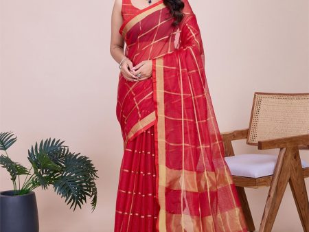 Mitera Checked Zari Saree With Blouse Piece Online now