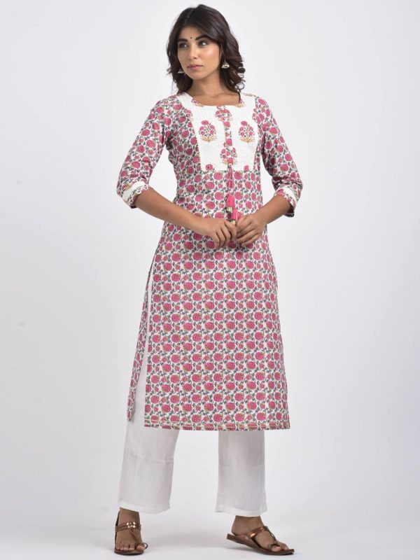 Swasti Women White Floral Printed Thread Work Floral Kurta Online now