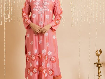 HOUSE OF KARI Ethnic Motifs Embroidered Chikankari Straight Chanderi Silk Kurta Online now