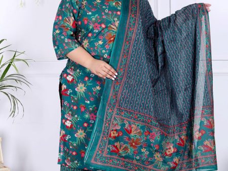 Swasti Plus Size Floral Printed Regular Pure Cotton Kurta with Trousers & Dupatta For Discount