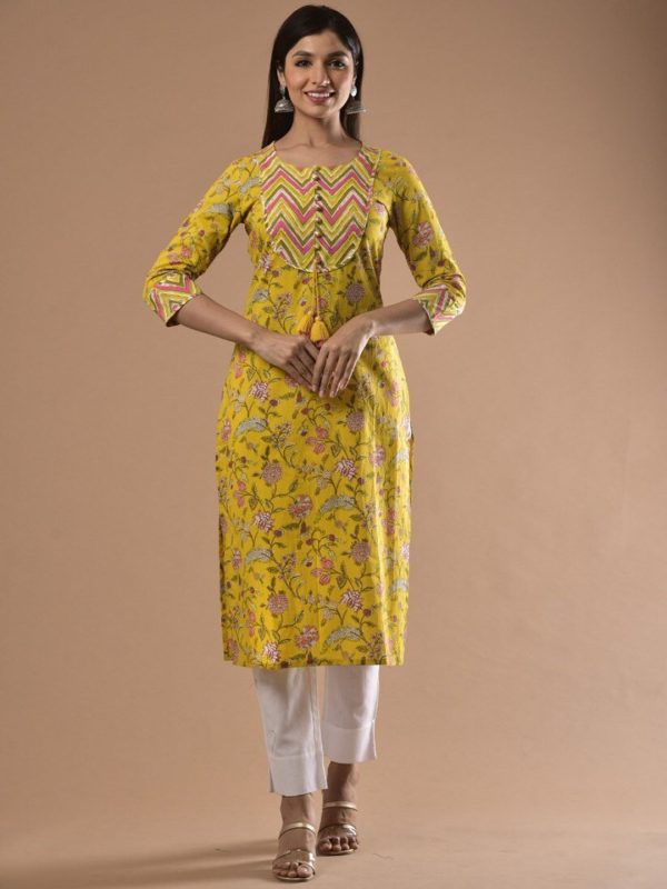 Swasti Women Yellow & Pink Floral Printed Straight Kurta on Sale