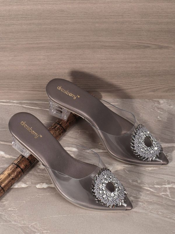 DressBerry Grey Embellished Peep Toes Block Heels Discount