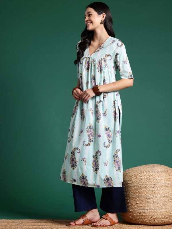 Sangria Floral Print Pleated Empire Kurta Online Sale