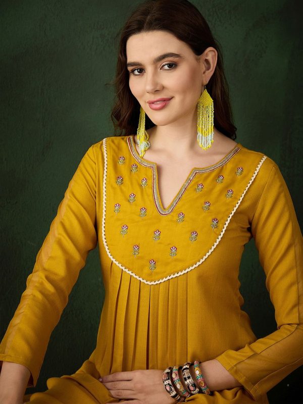 Sangria Floral Embroidered Thread Work Cotton A-Line Kurta Online Sale