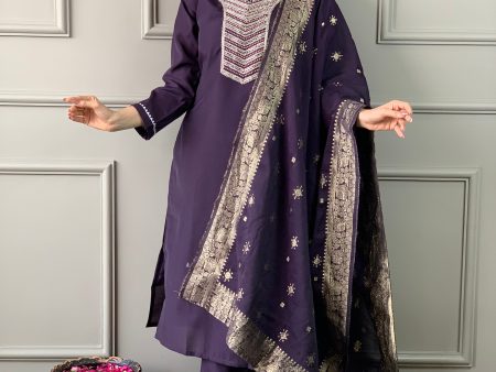 Sonakshi Women s Dark Purple Viscose Chanderi Embroidered Kurta Set with Dupatta For Discount