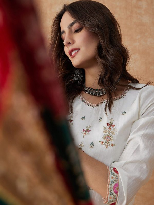 Sangria White Ethnic Motifs Embroidered Thread Work Straight Kurta & Trouser With Dupatta Sale