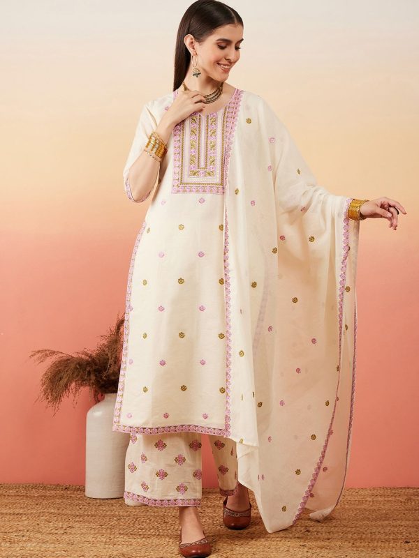 Sangria Floral Embroidered Pure Cotton Straight Kurta With Palazzo & Dupatta For Discount