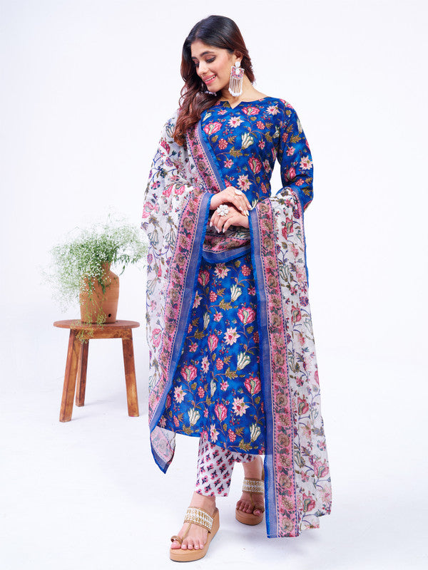 Malishka Women s Blue Cotton Blend Floral Printed Kurta Set With Dupatta - Blue Hot on Sale