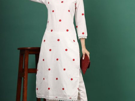 Sangria Floral Embroidered Thread Work Pure Cotton Straight Kurta Cheap