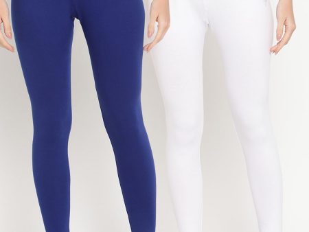 TAG 7 Women Pack Of 2 White & Blue Solid Ankle-Length Leggings For Discount