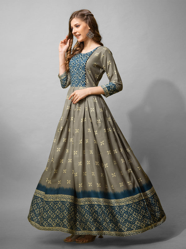 Malishka Women s Grey Cotton Blend Fully Stiched Printed Anarkali Gown - Grey Discount