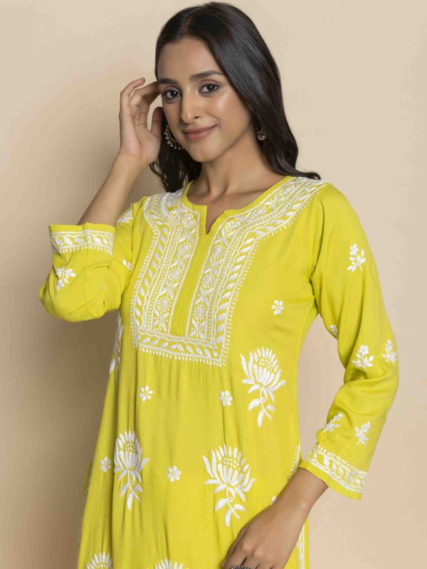 HOUSE OF KARI Floral Chikankari Embroidered Cotton Straight Kurta on Sale