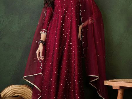 Sangria Geometric Printed Zari & Sequinned A-Line Kurta & Palazzo With Dupatta For Sale