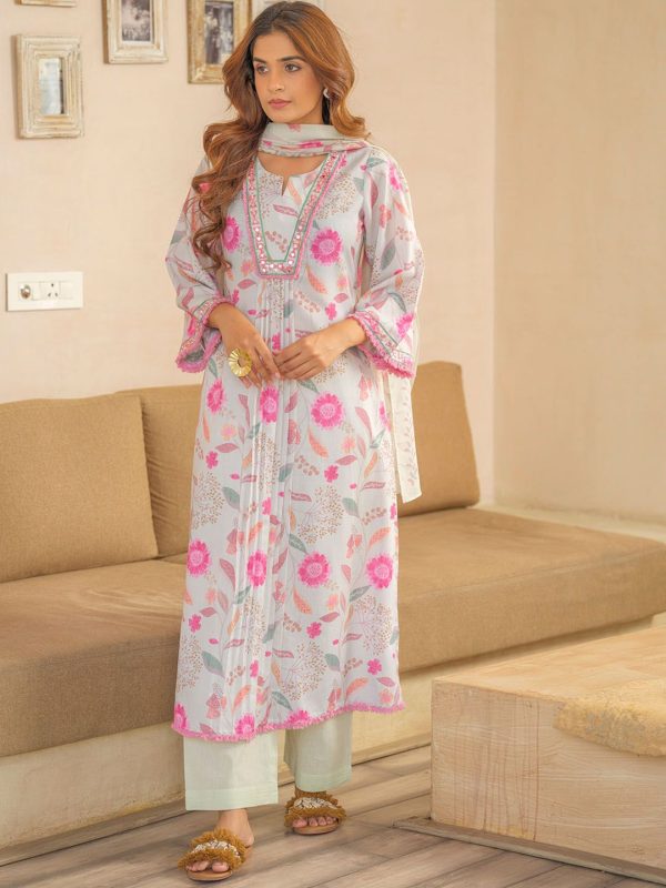 Sangria Floral Printed Pleated A-Line Kurta With Palazzos & Dupatta Sale