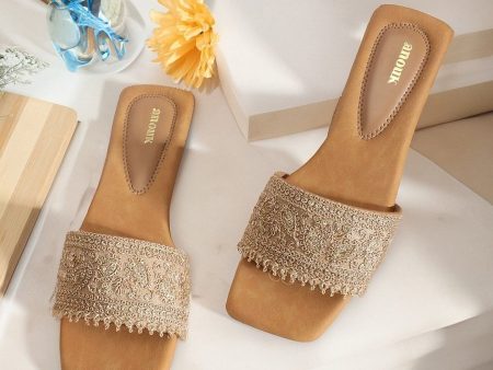 Anouk Beige Ethnic Embellished Open Toe Flats Online Hot Sale