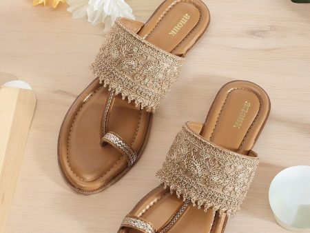 Anouk Beige Ethnic Embellished One Toe Flats For Sale